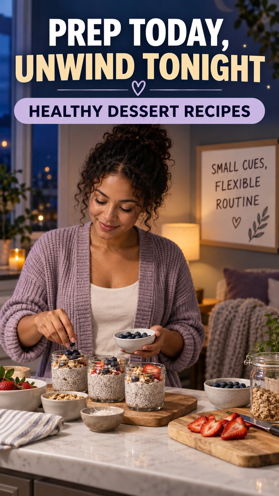 Meal Prep and Sleep Routine infographic for Healthy Dessert Recipes, showing a flexible and calming evening wellness routine.