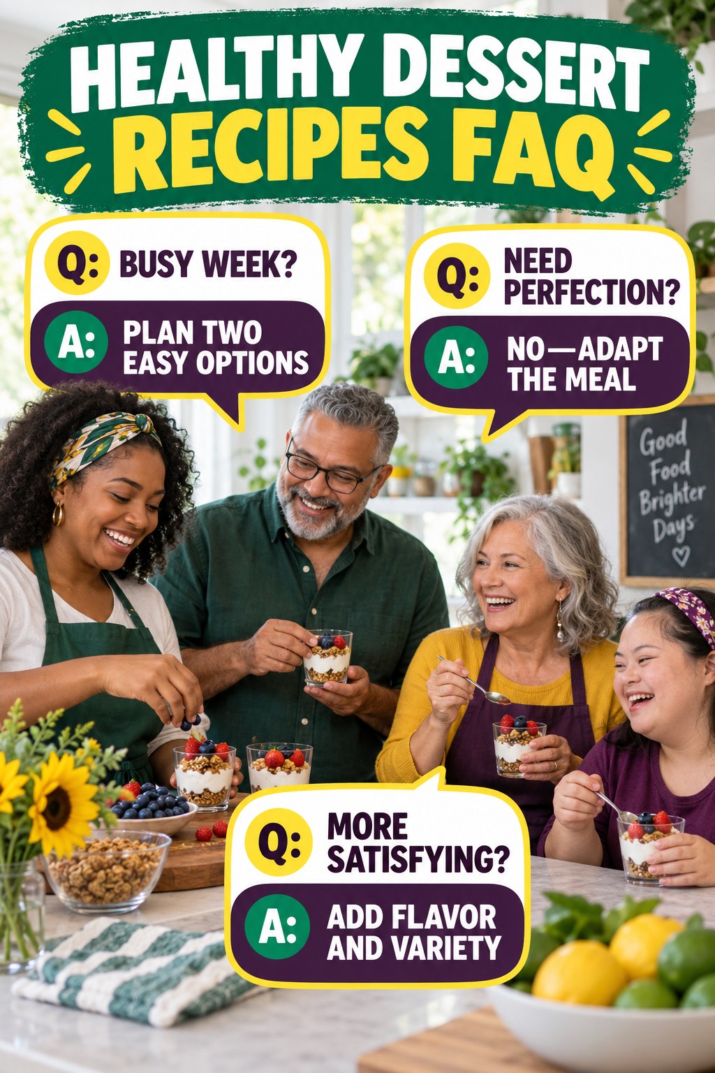 Healthy Dessert Recipes FAQ graphic with three concise questions and practical answers for beginners.