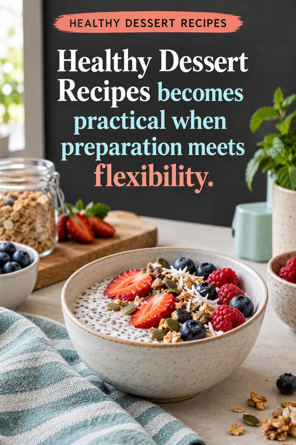 Original Healthy Dessert Recipes quote graphic reading “Healthy Dessert Recipes becomes practical when preparation meets flexibility.” in a board-relevant editorial design.