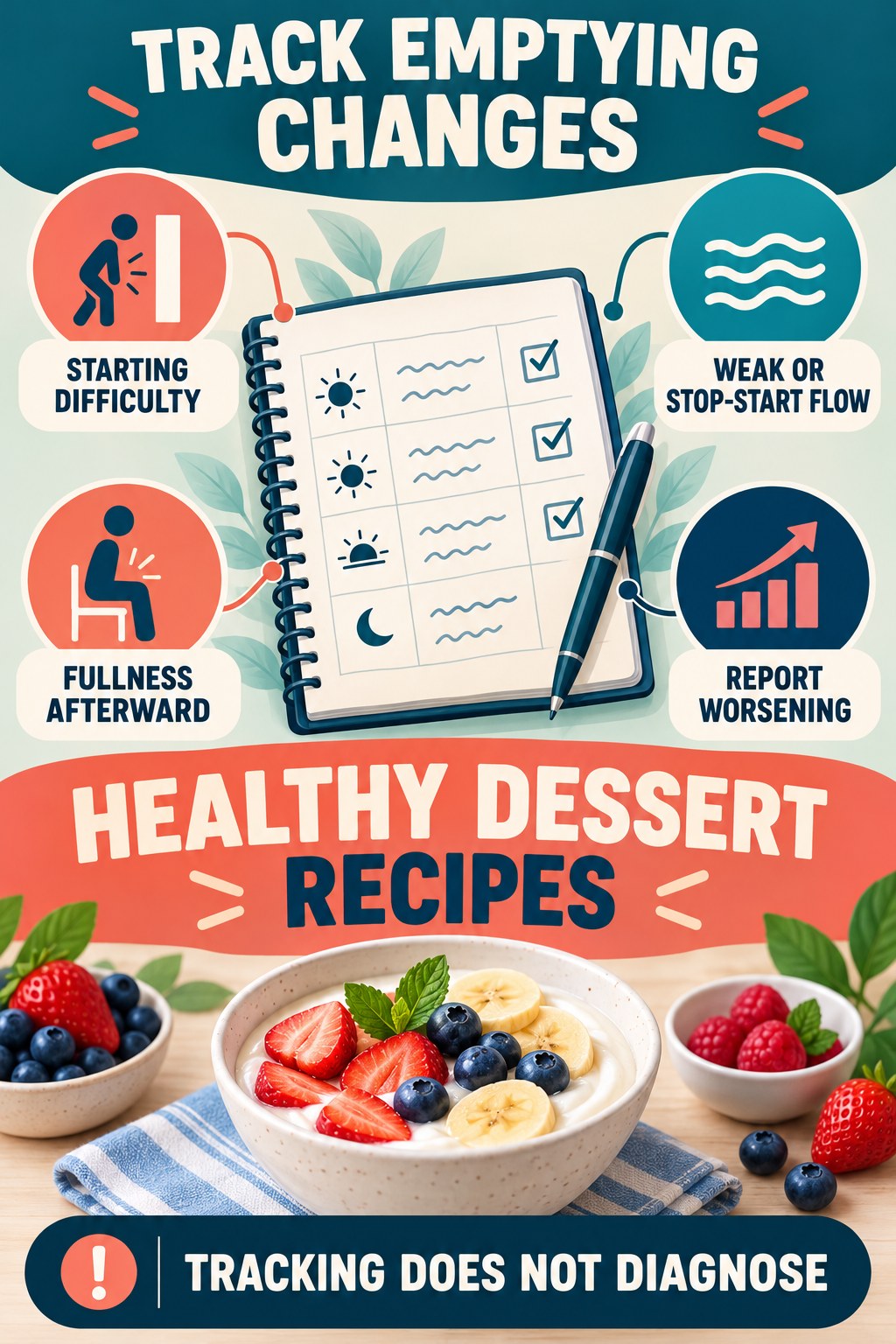 Record Stream and Emptying Changes urinary symptom tracking infographic for Healthy Dessert Recipes with four practical diary points and a non-diagnostic reminder.