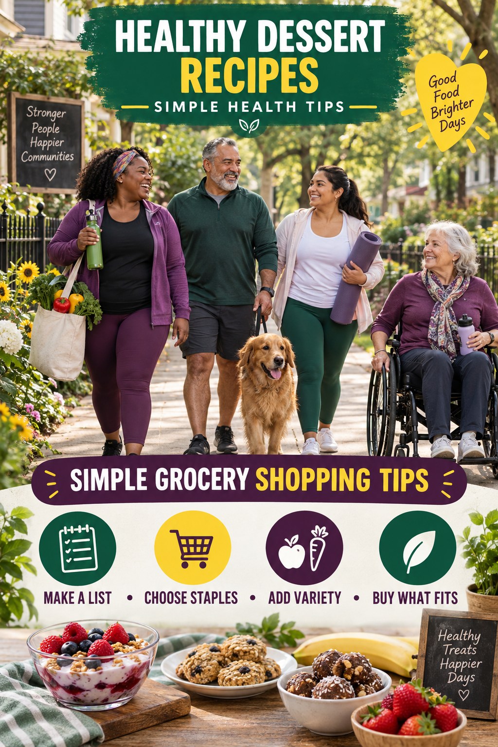 Healthy Dessert Recipes simple-health graphic titled Simple Grocery Shopping Tips with four practical wellness prompts.