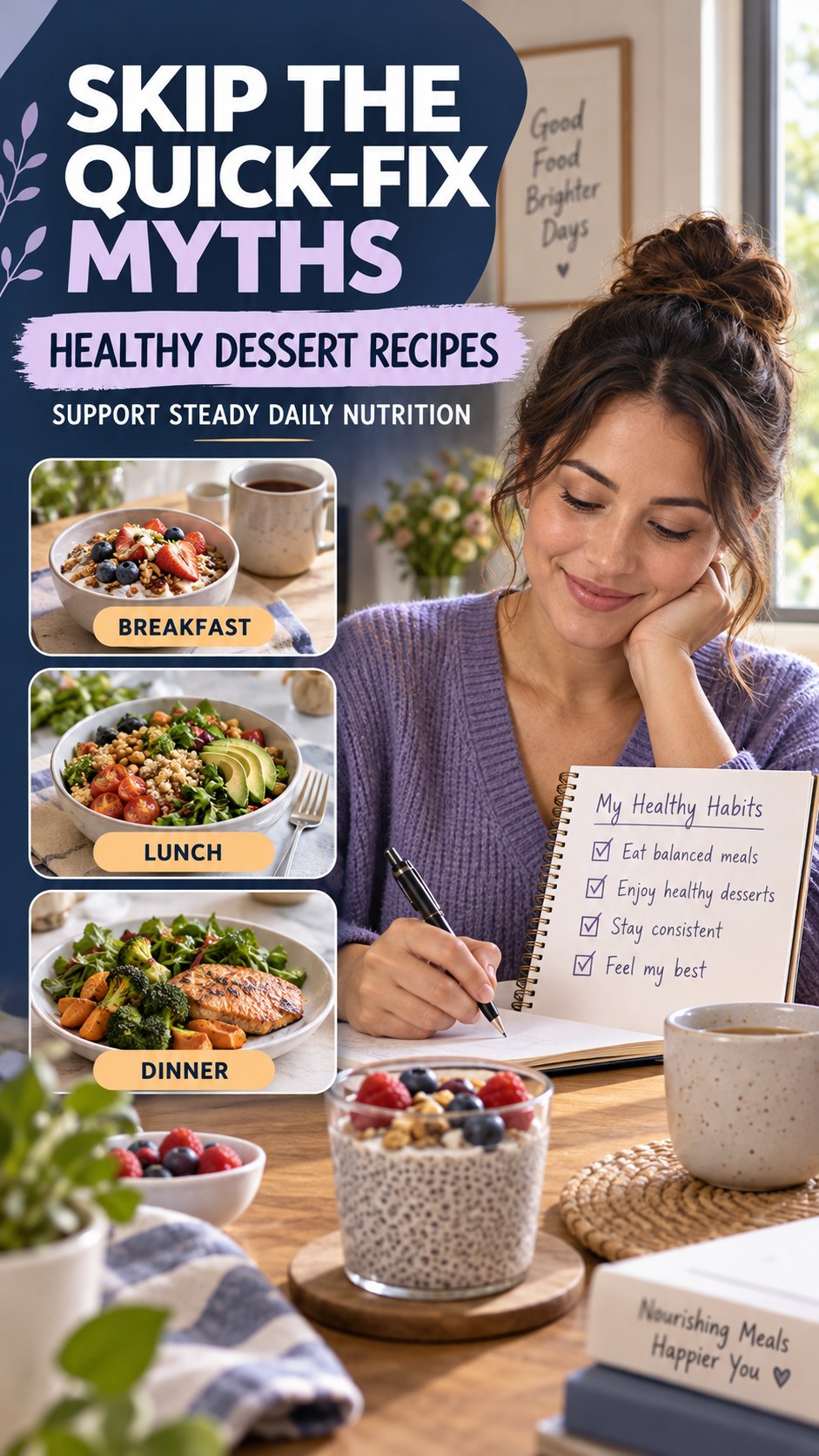 Steady Daily Nutrition infographic for Healthy Dessert Recipes, showing practical metabolism-support habits for an active lifestyle.