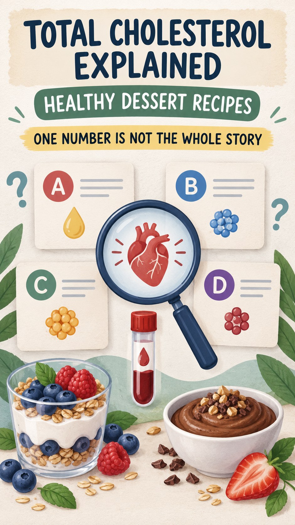 Total Cholesterol Interpretation Guide infographic for Healthy Dessert Recipes, using a non-numerical educational lipid-panel layout with question and context icons.