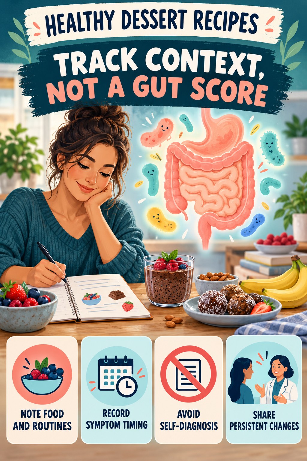 Track Habits and Symptoms, Not a Gut Score educational infographic for Healthy Dessert Recipes with four evidence-aware points.