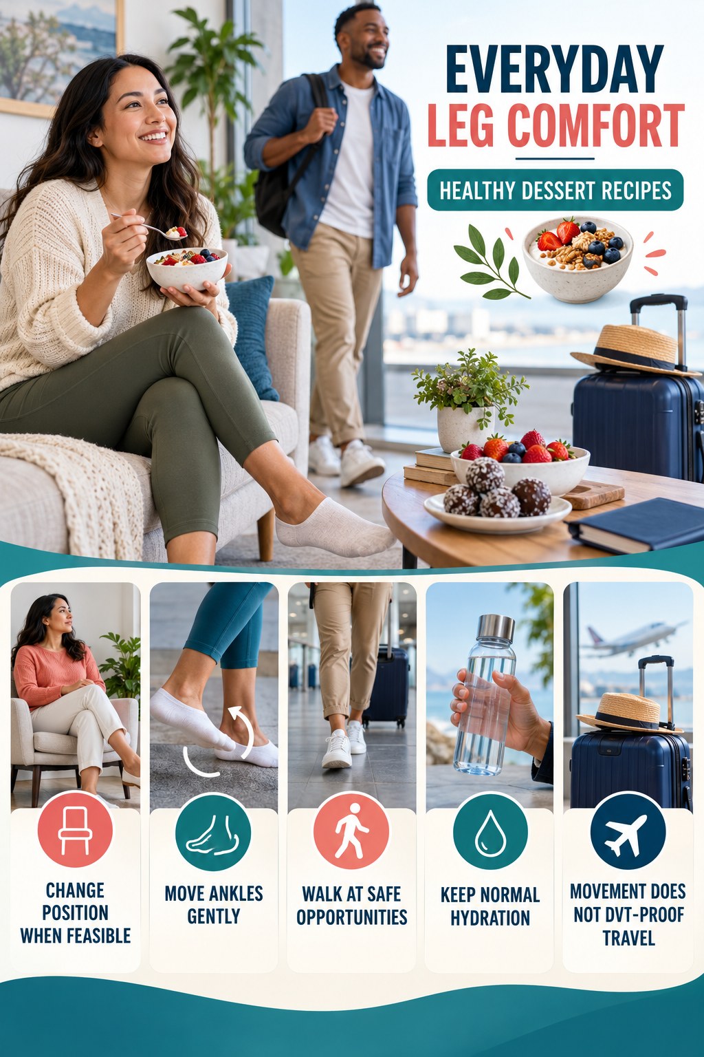 Travel Leg Comfort infographic for Healthy Dessert Recipes with five gentle movement, position, footwear, recovery, or safety actions.