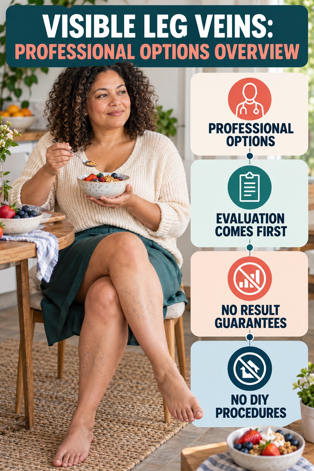 Professional Options Overview infographic for Healthy Dessert Recipes, showing body-neutral visible-leg-vein appearance care and the boundary between temporary cosmetic support and treatment.