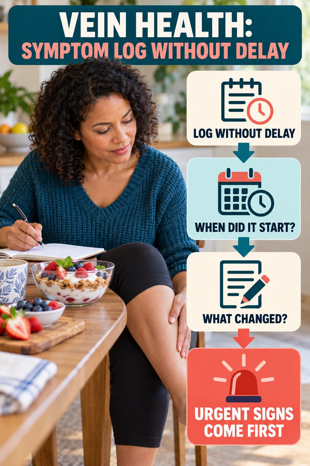 Symptom Log Without Delay infographic for Healthy Dessert Recipes, explaining vein-health warning signs and the appropriate next action without diagnosing a condition.