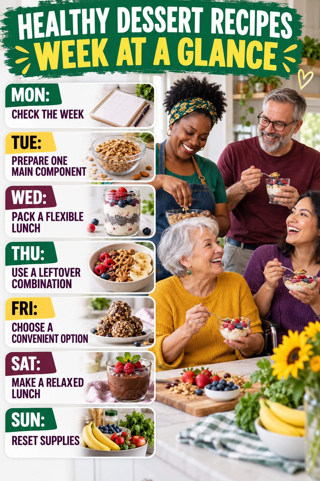 Weekly Healthy Dessert Recipes plan graphic with concise Monday-to-Sunday actions and flexible recovery guidance.