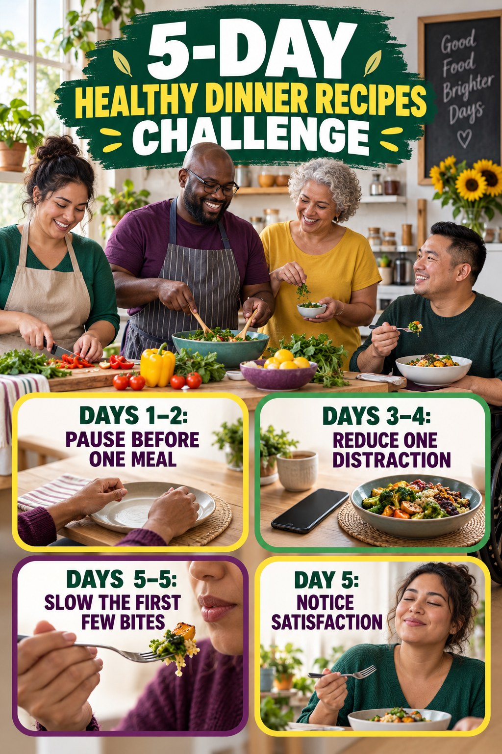 5-day Healthy Dinner Recipes challenge graphic showing four manageable milestones for consistent practice.