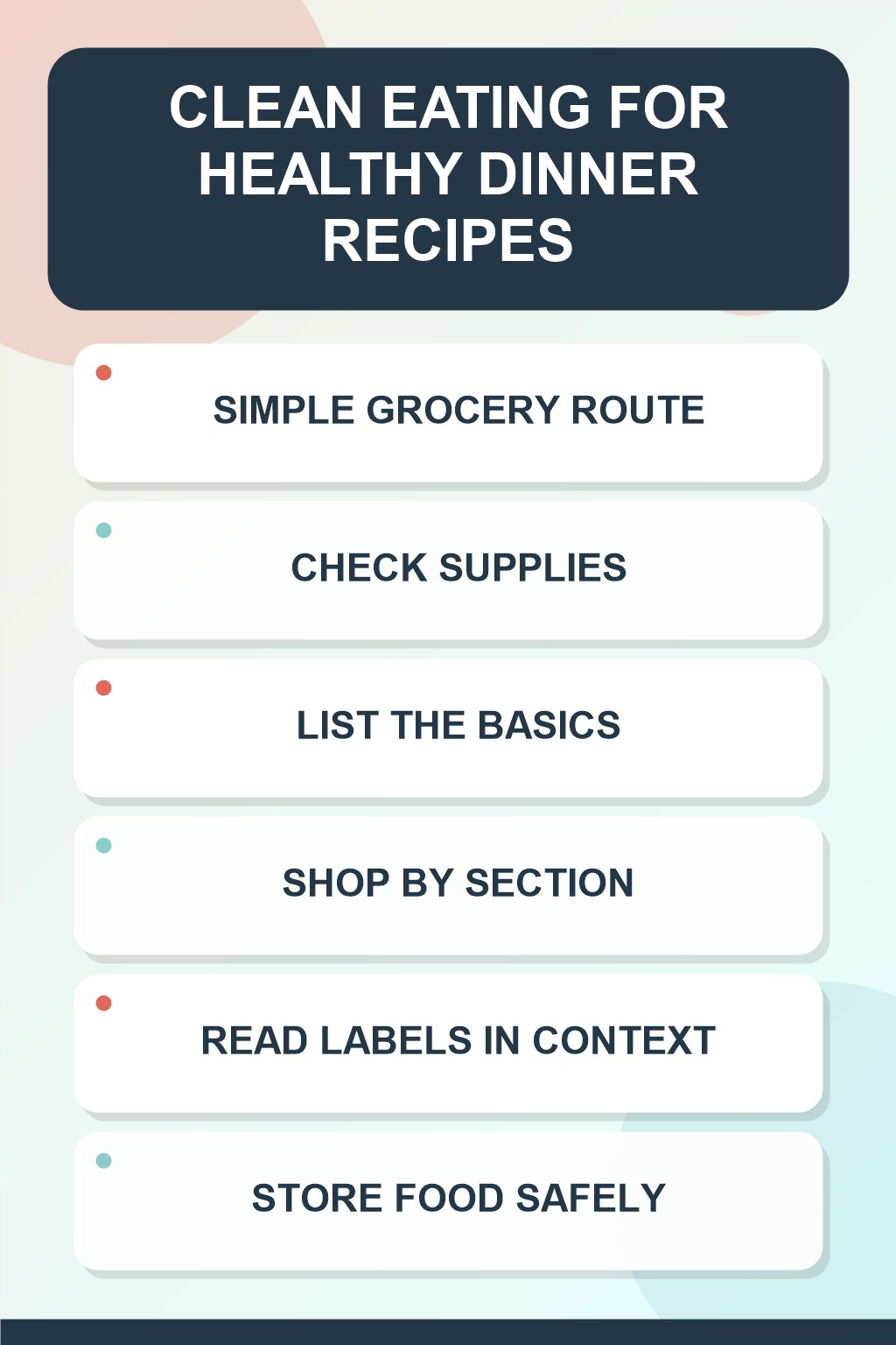 Simple Grocery Route clean eating infographic for Healthy Dinner Recipes, showing five practical planning and preparation stages.