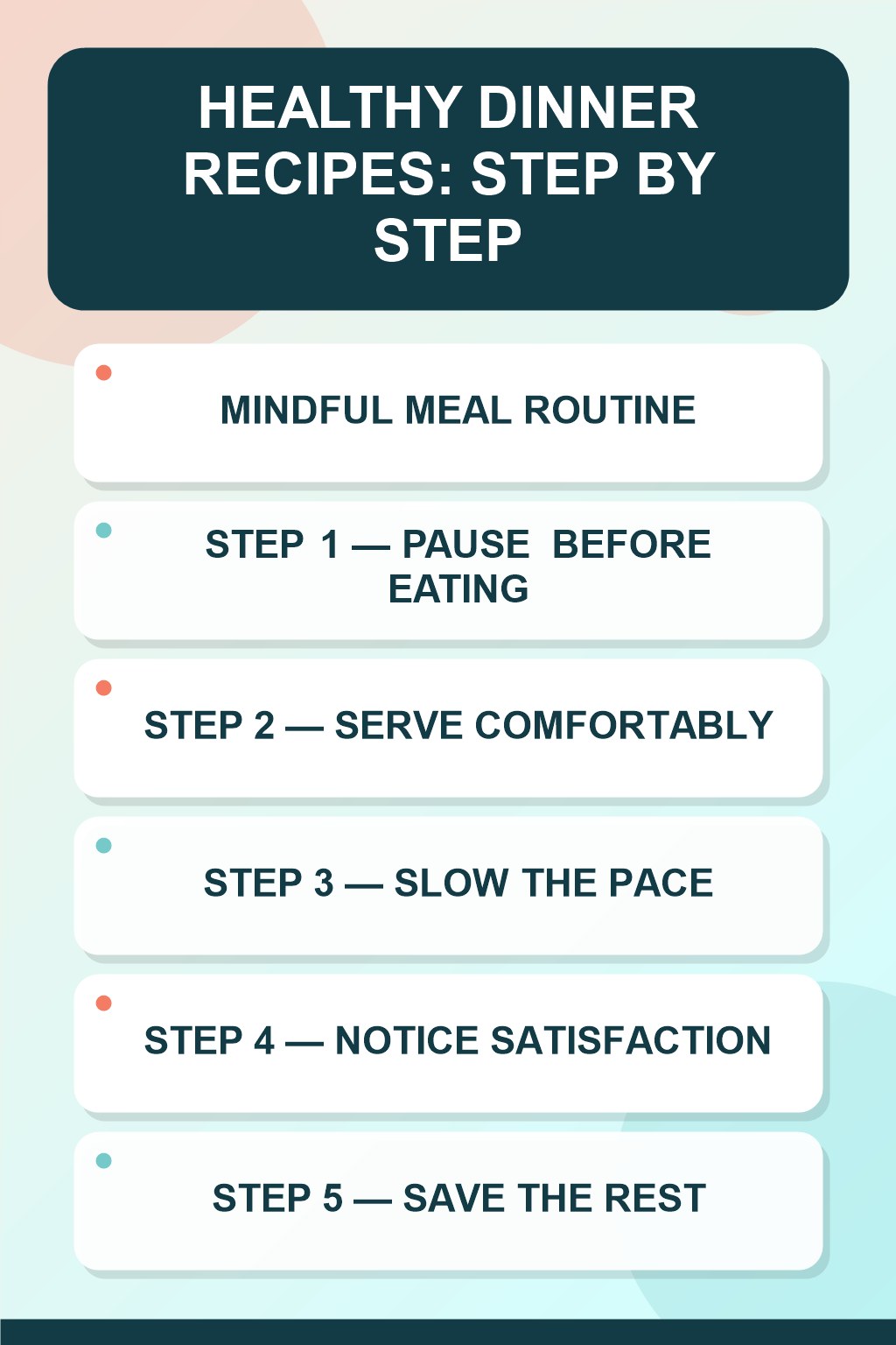 Healthy Dinner Recipes step-by-step graphic showing five numbered stages for mindful meal routine.