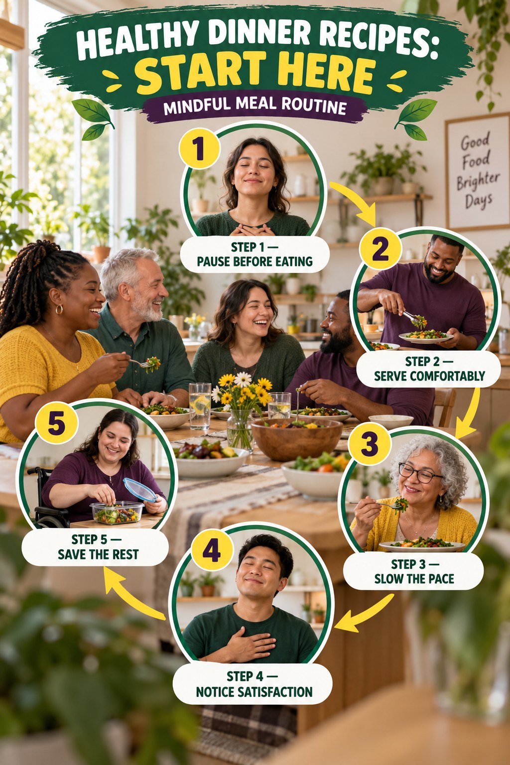 Healthy Dinner Recipes beginner guide graphic showing five manageable stages for mindful meal routine.