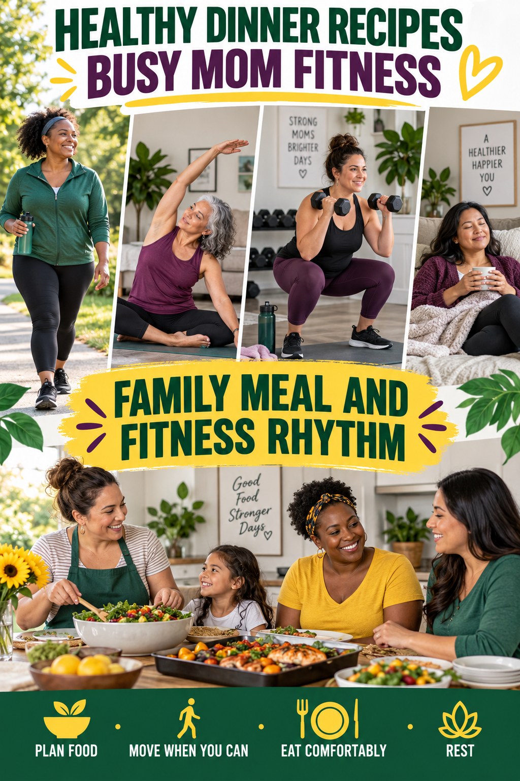 Healthy Dinner Recipes busy-mom fitness graphic titled Family Meal and Fitness Rhythm with four practical movement prompts.