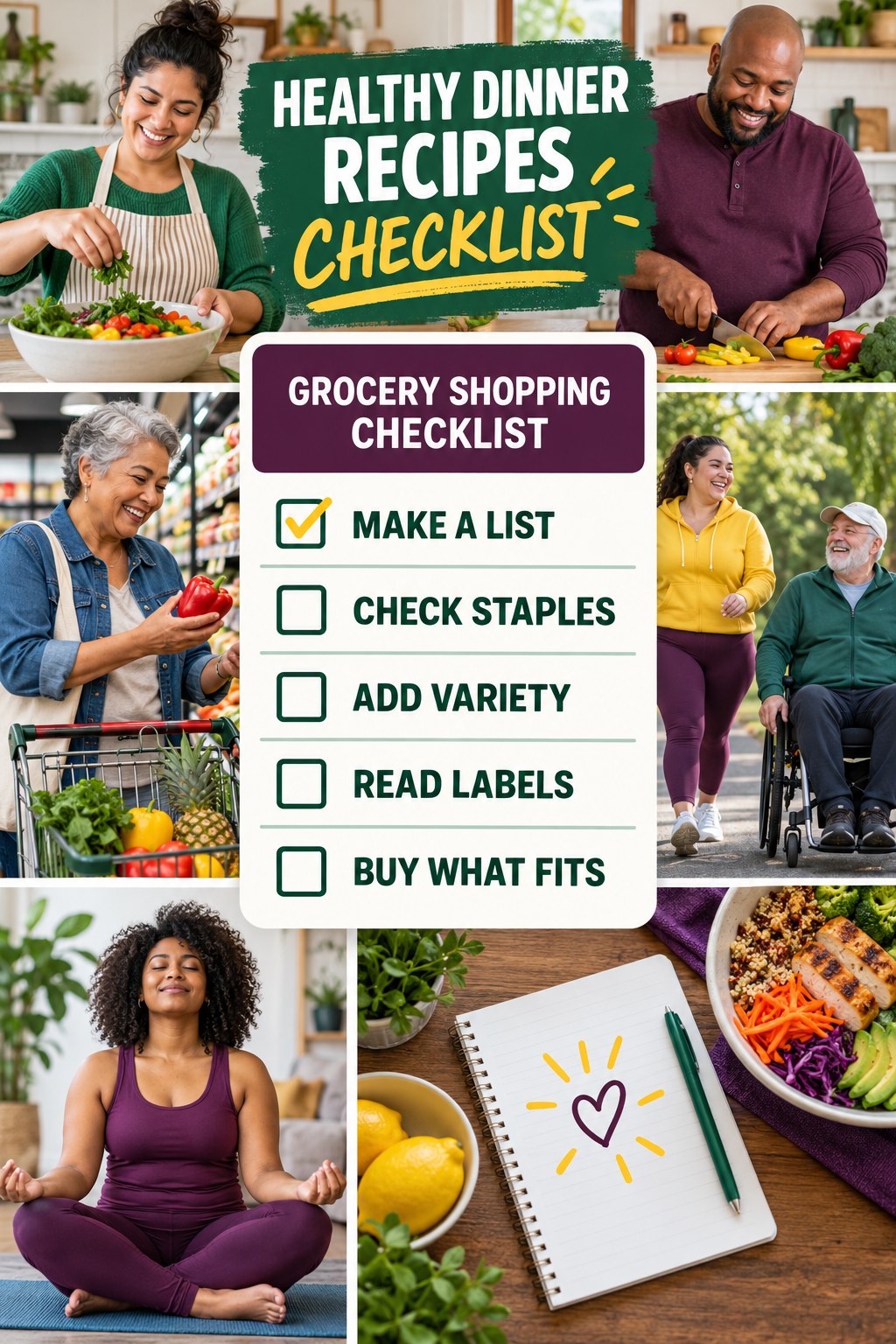 Healthy Dinner Recipes checklist graphic titled Grocery Shopping Checklist with five clear practical wellness items.