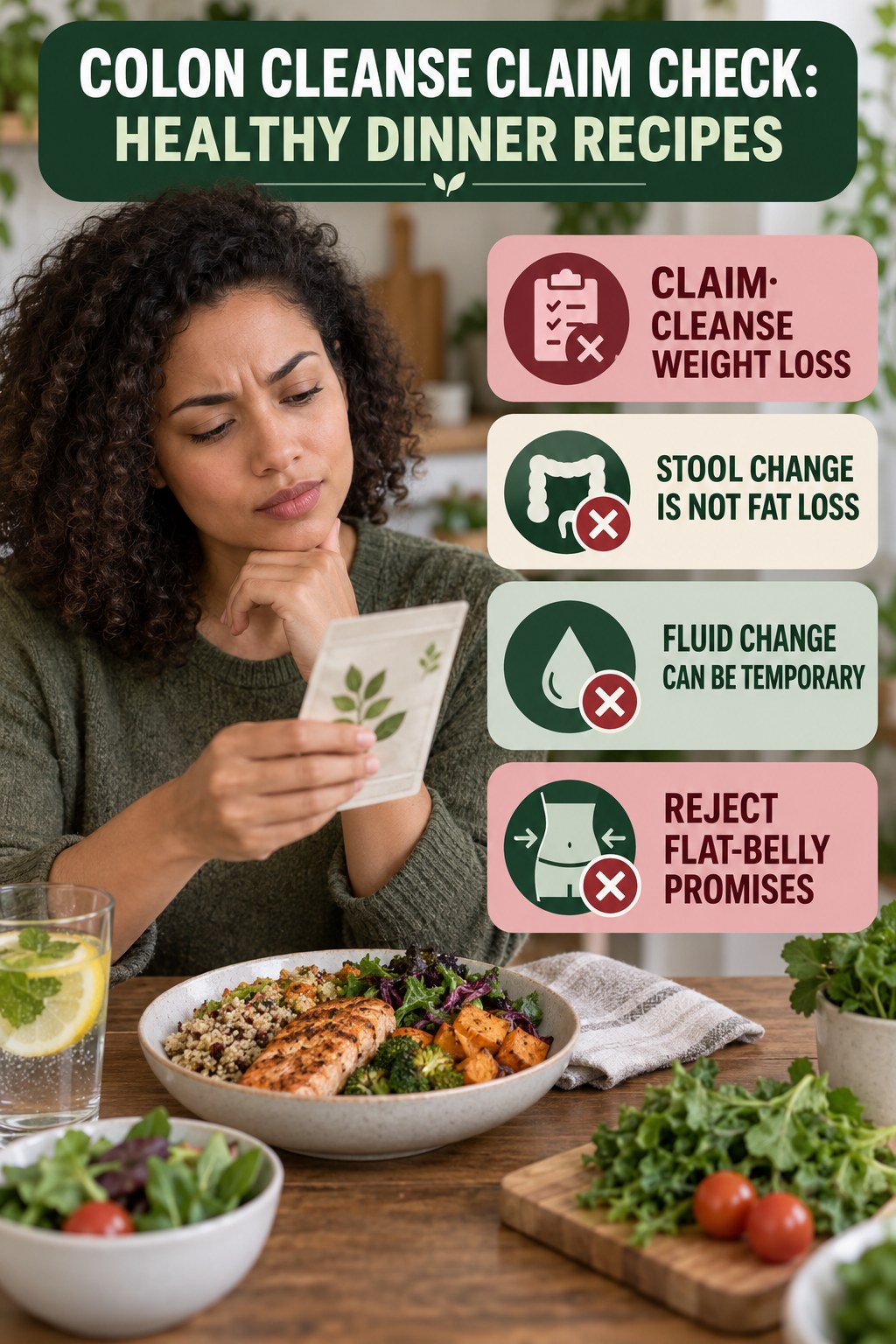 Weight-Loss and Flat-Belly Claims infographic for Healthy Dinner Recipes, separating a colon-cleanse marketing claim from evidence, reasonable conclusions, and safety context.