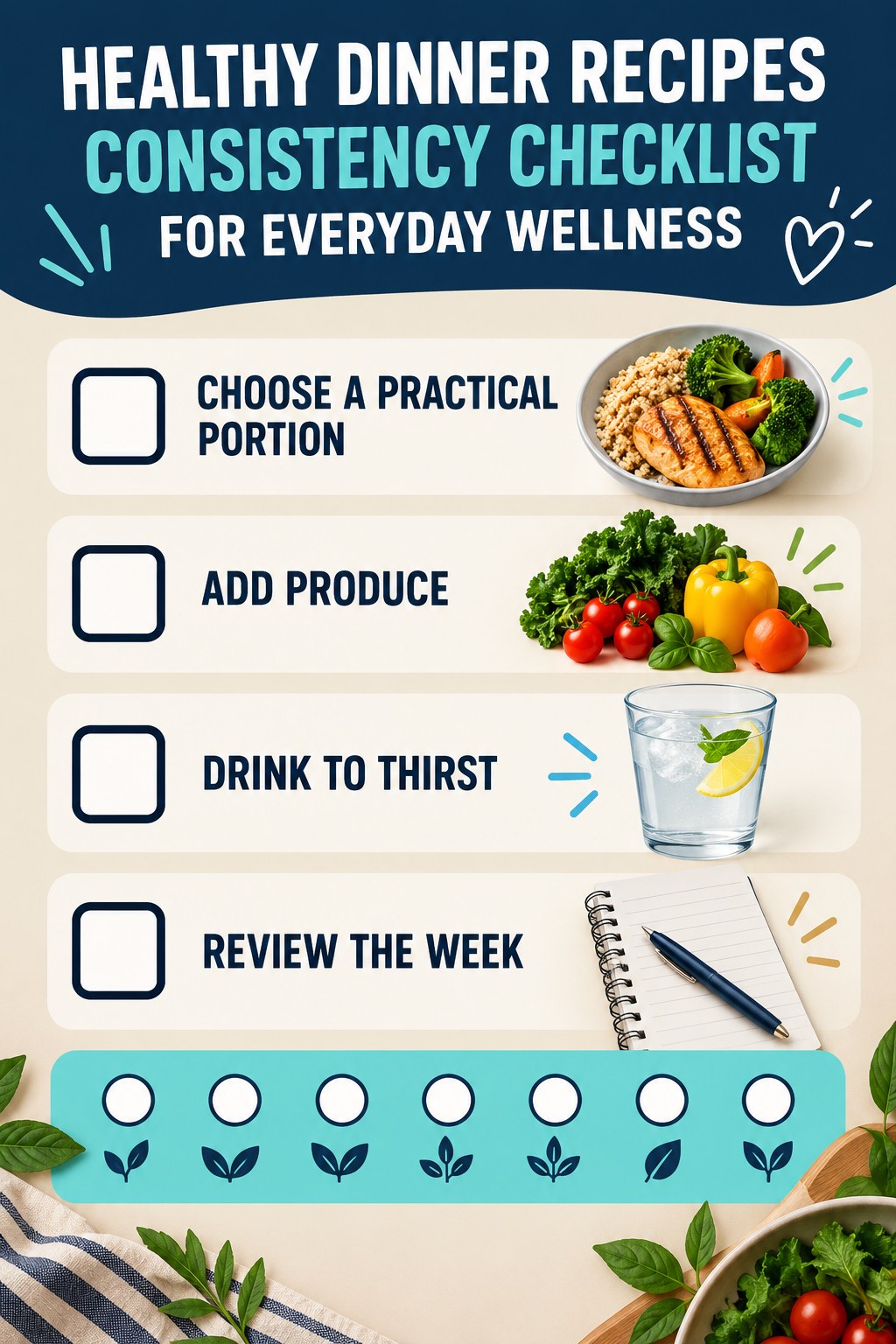 Healthy Dinner Recipes Consistency Checklist for Everyday Wellness infographic with checkboxes for choose a practical portion, add produce, drink to thirst, review the week.