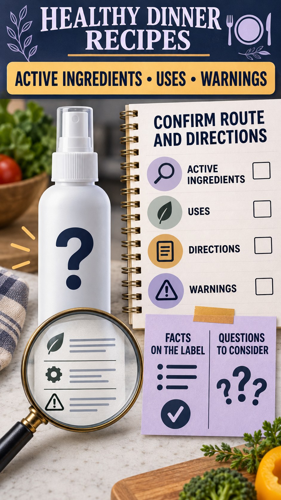 Directions and Route Review infographic for Healthy Dinner Recipes, showing a generic spray-label checklist that separates available facts, missing details, and evidence questions.