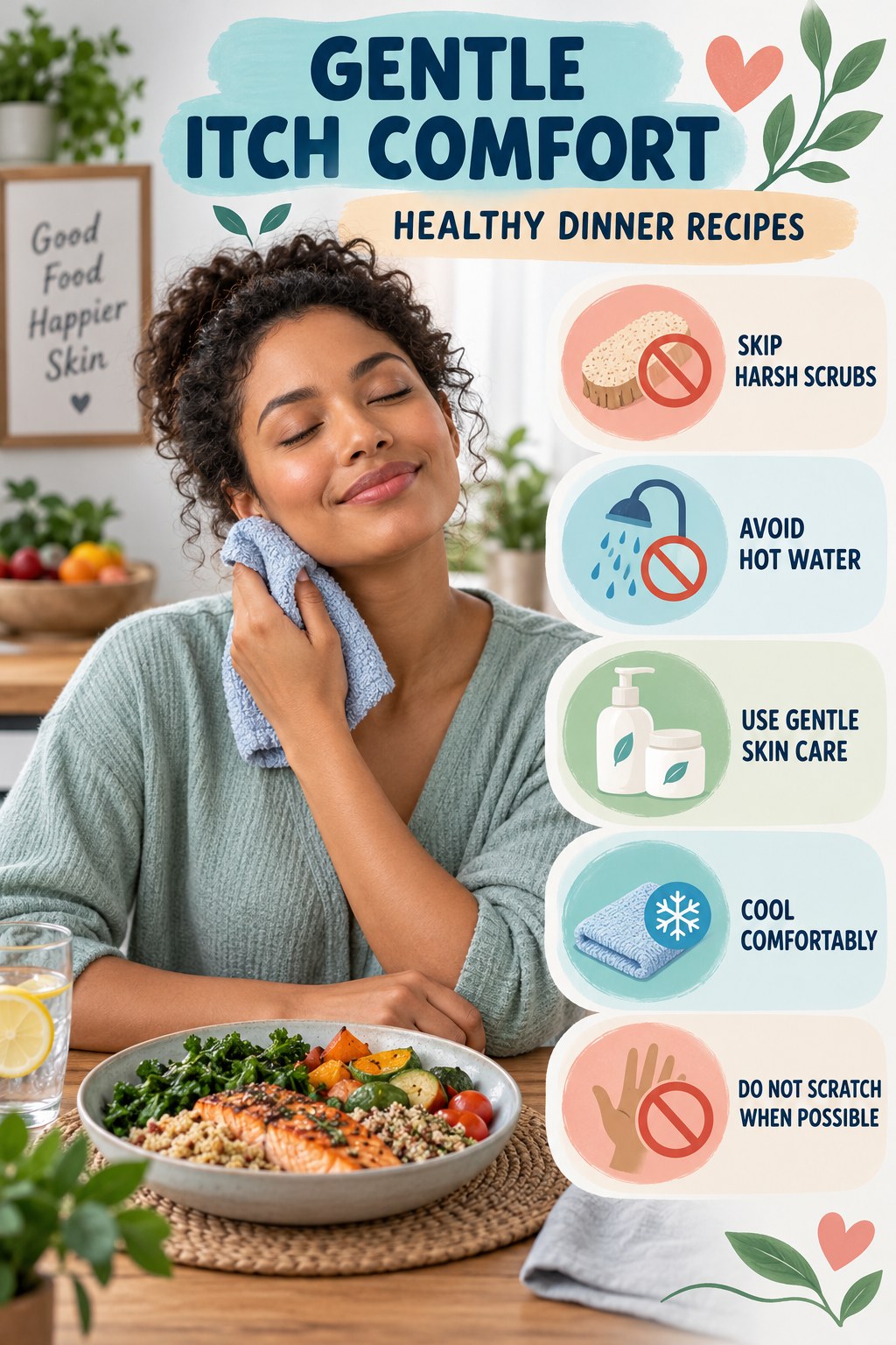 Do Less Irritating, More Soothing infographic for Healthy Dinner Recipes with five gentle itchy-skin comfort strategies and a non-diagnostic safety focus.