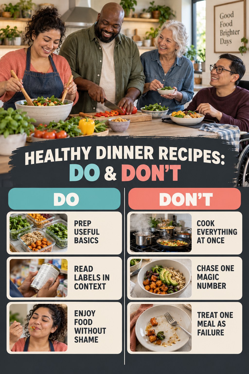 Healthy Dinner Recipes Do and Don’t comparison graphic showing three practical behavior pairs for comfortable portions.