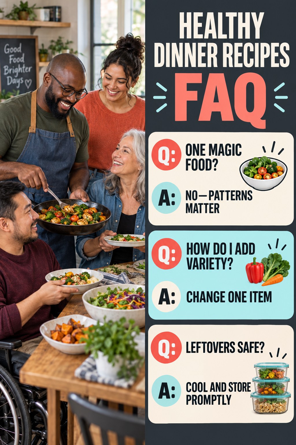 Healthy Dinner Recipes FAQ graphic with three concise questions and practical answers for beginners.