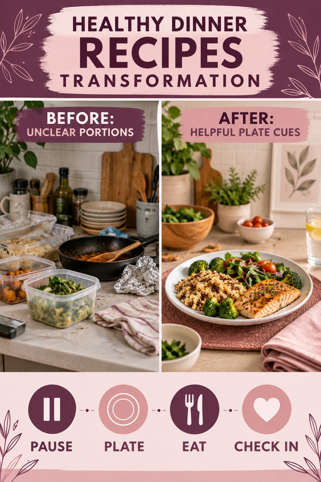Healthy Dinner Recipes habit transformation graphic comparing unclear portions with helpful plate cues using four practical steps.