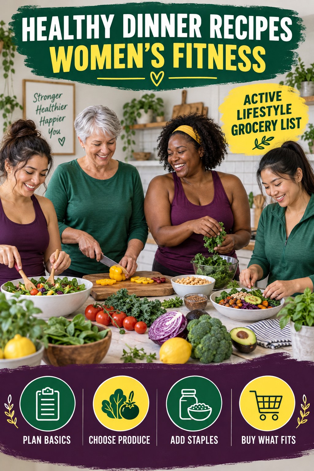Healthy Dinner Recipes women’s fitness graphic titled Active Lifestyle Grocery List with four practical training prompts.