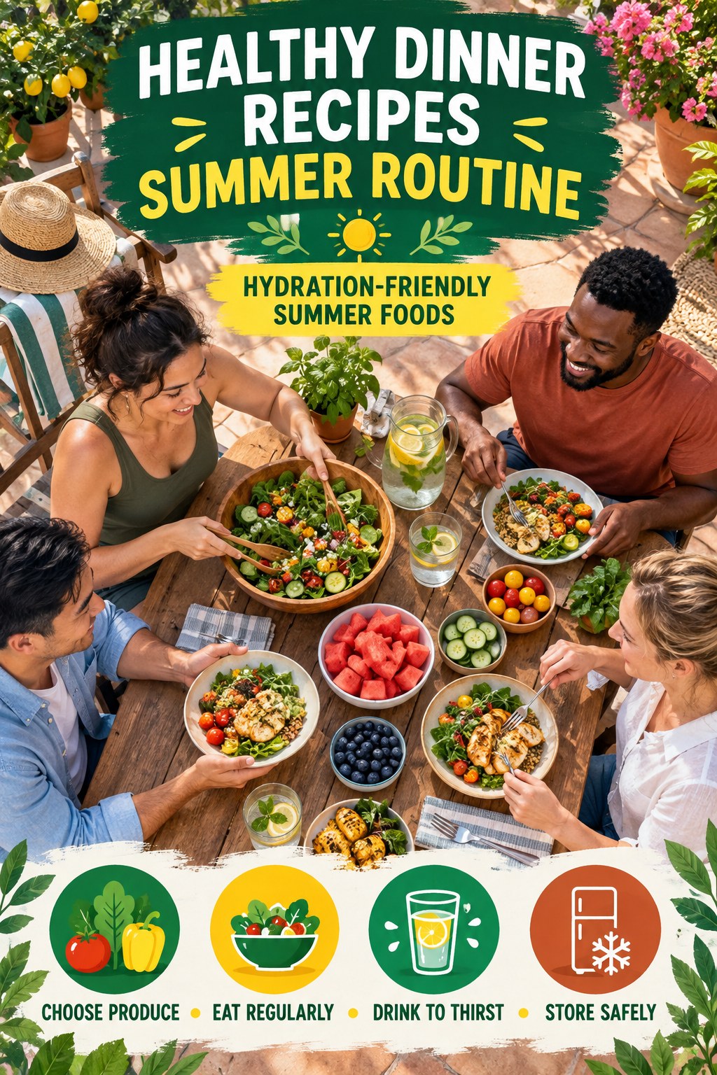 Healthy Dinner Recipes summer routine graphic titled Hydration-Friendly Summer Foods with four practical wellness prompts.