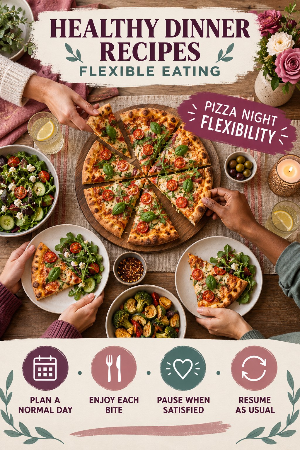 Healthy Dinner Recipes flexible eating graphic titled Pizza Night Flexibility with four practical balance prompts.