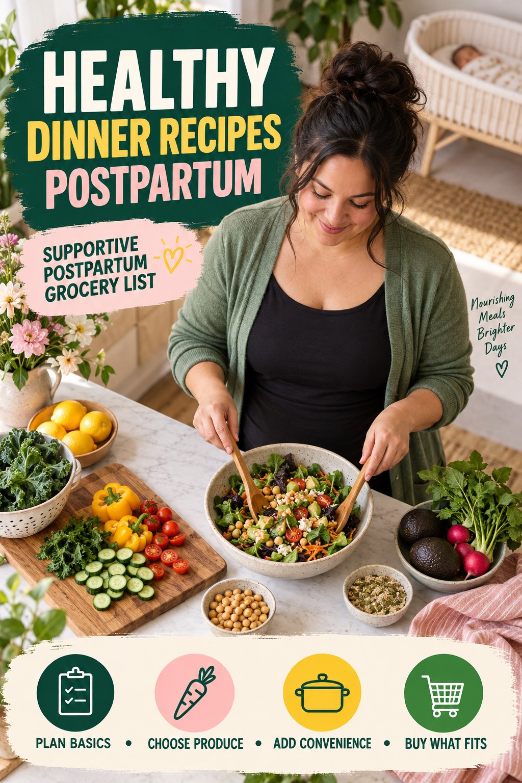 Healthy Dinner Recipes postpartum graphic titled Supportive Postpartum Grocery List with four gradual recovery-aware prompts.