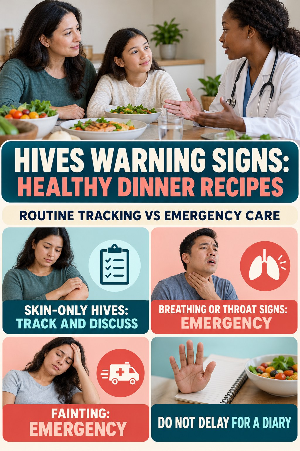 Routine Tracking vs Emergency Care infographic for Healthy Dinner Recipes, highlighting urgent breathing, throat, swelling, fainting, and rapid-progression warning signs without diagnosing hives.