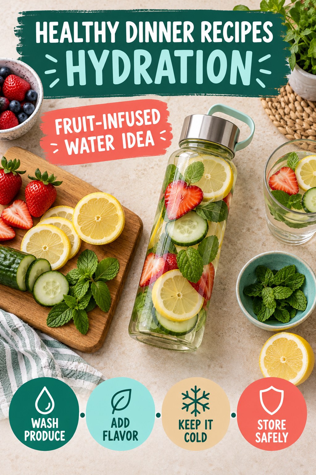 Healthy Dinner Recipes hydration graphic titled Fruit-Infused Water Idea with four flexible water-habit prompts and no fixed intake target.