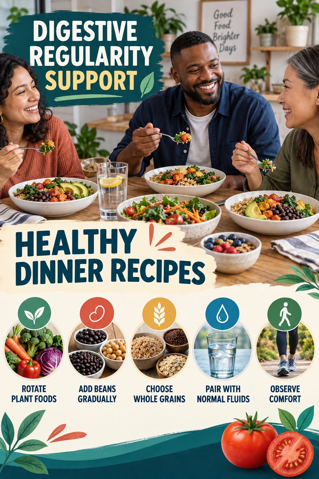 Meal Prep for Fiber Variety infographic for Healthy Dinner Recipes with five practical food, hydration, movement, or routine actions and no cleanse claims.