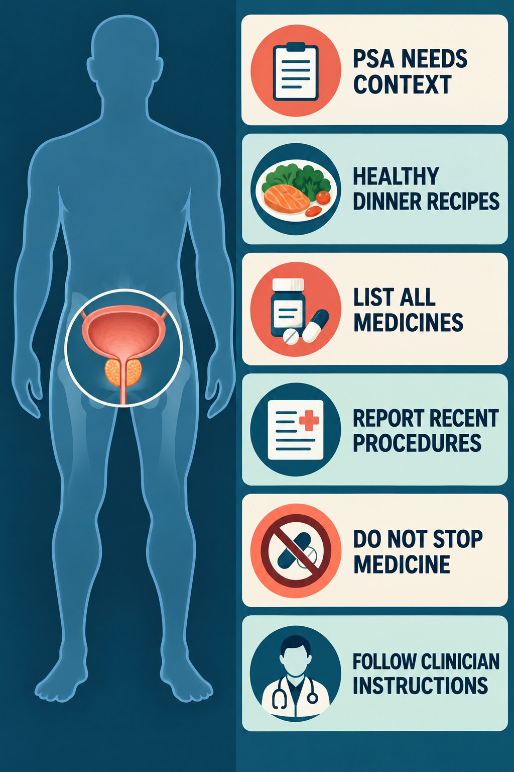 Medication History Matters for PSA Context infographic for Healthy Dinner Recipes with four concise prostate-health awareness points.