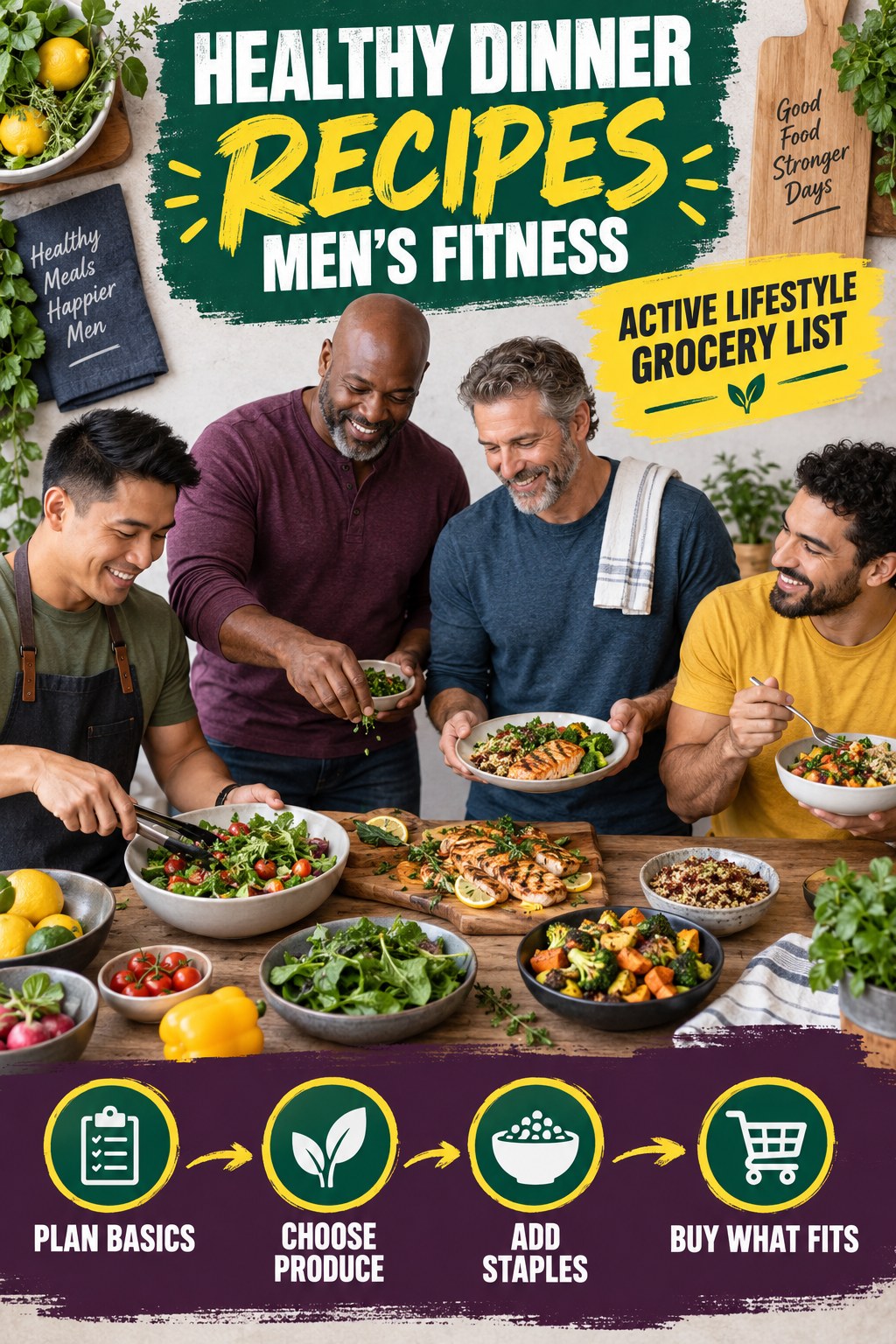 Healthy Dinner Recipes men’s fitness graphic titled Active Lifestyle Grocery List with four practical training prompts.