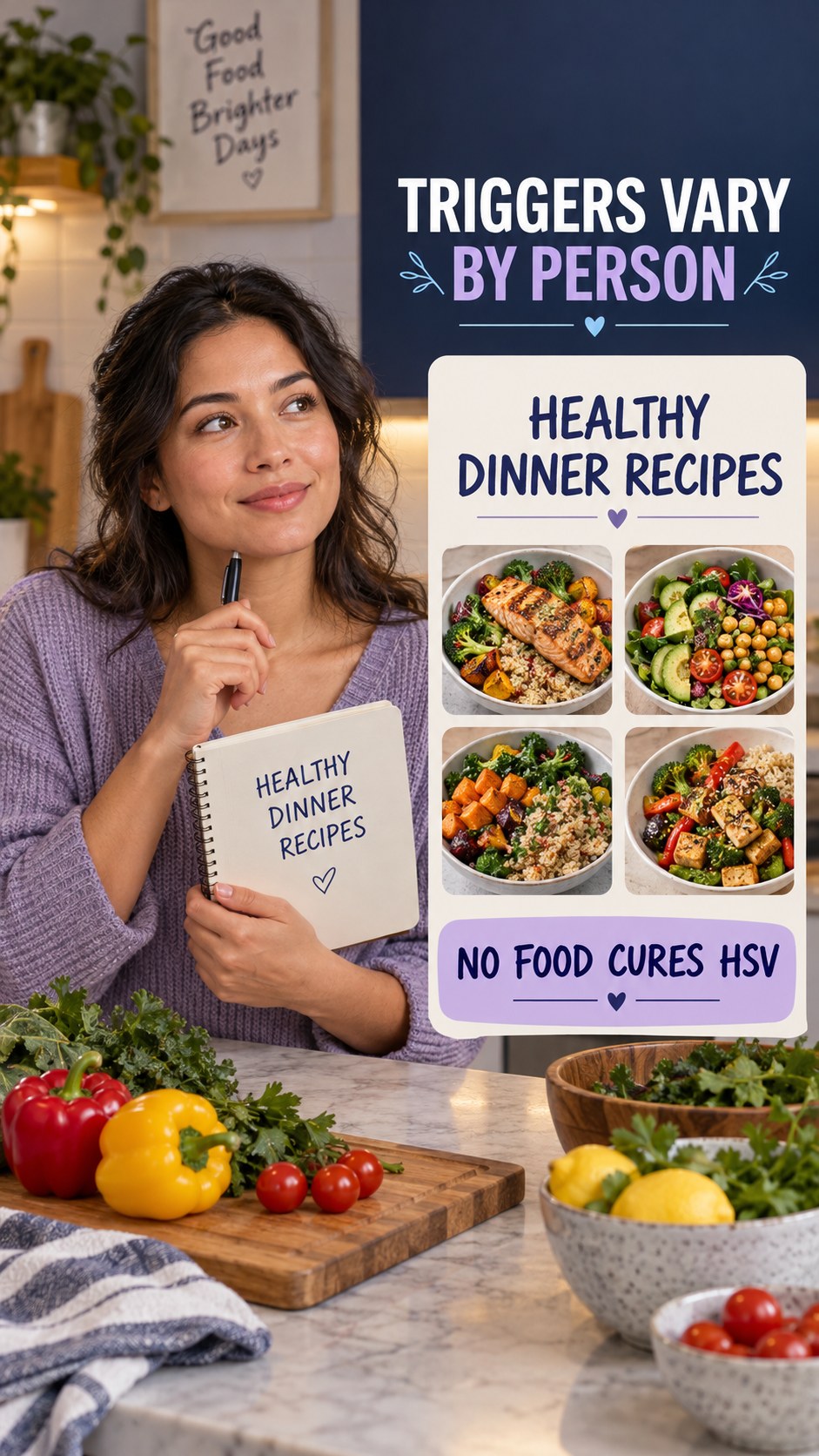 No Miracle Food Claims infographic for Healthy Dinner Recipes, explaining that possible cold-sore triggers vary by person.