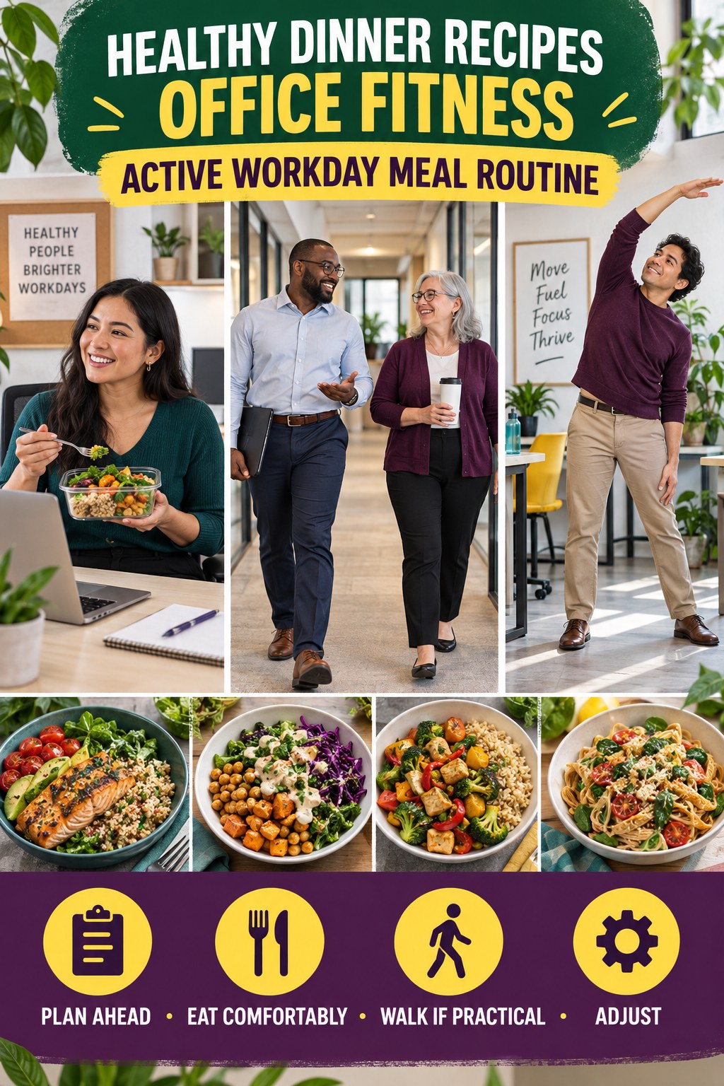 Healthy Dinner Recipes office-fitness graphic titled Active Workday Meal Routine with four practical workday movement prompts.