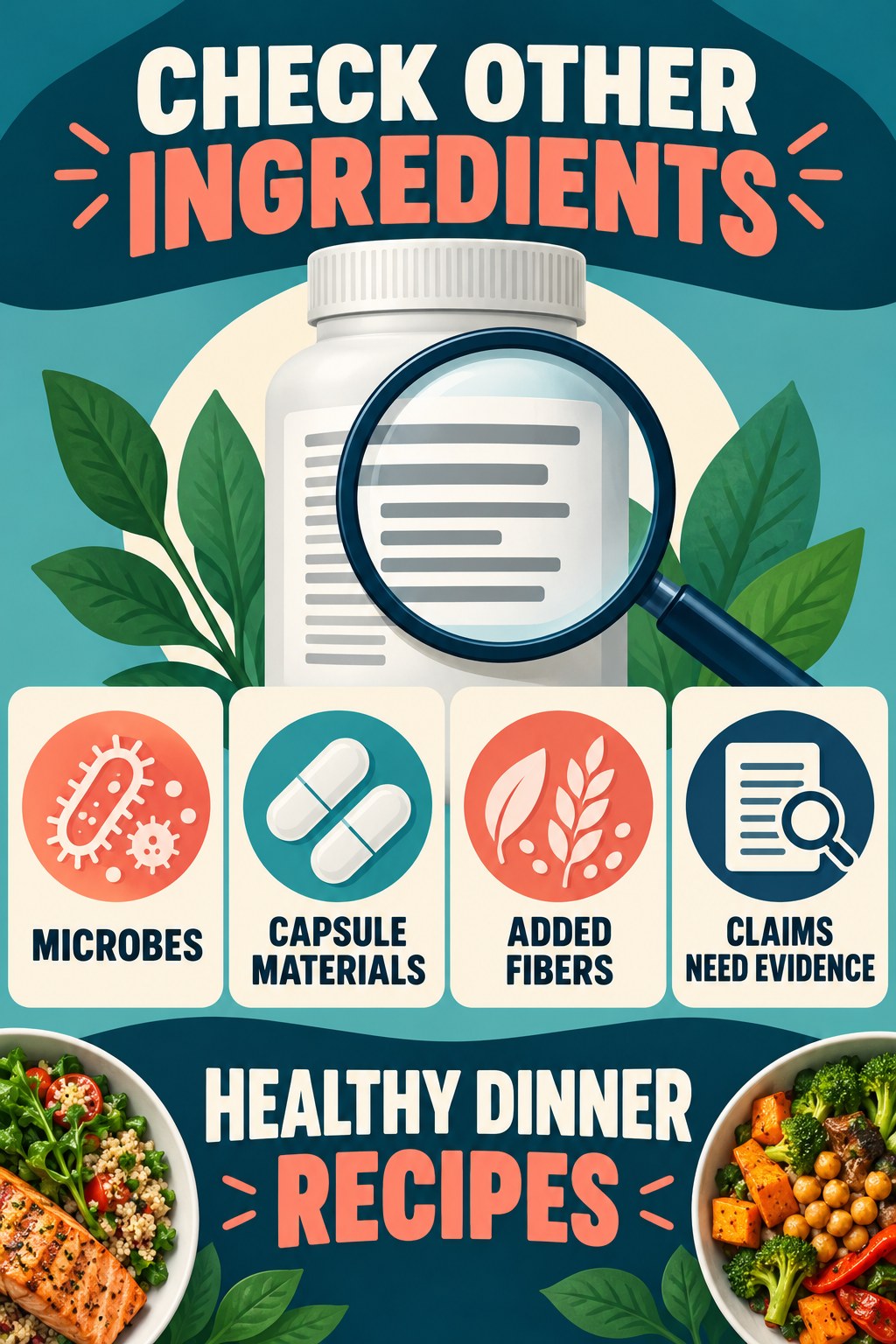 Other Ingredients Deserve Their Own Check infographic for Healthy Dinner Recipes with four concise probiotic-label reading points.