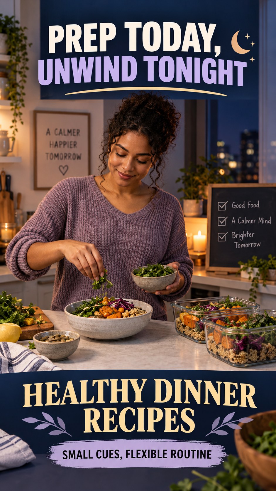 Meal Prep and Sleep Routine infographic for Healthy Dinner Recipes, showing a flexible and calming evening wellness routine.
