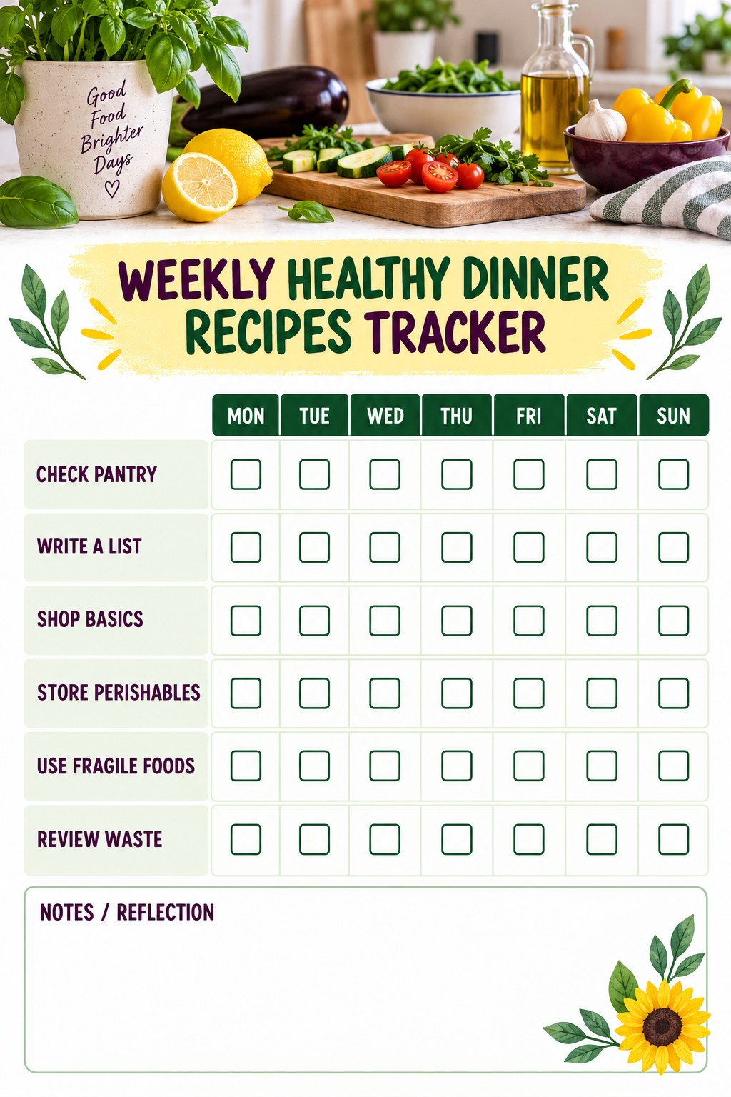 Weekly Healthy Dinner Recipes printable-style tracker graphic with six labeled rows, empty checkboxes, and a reflection area.