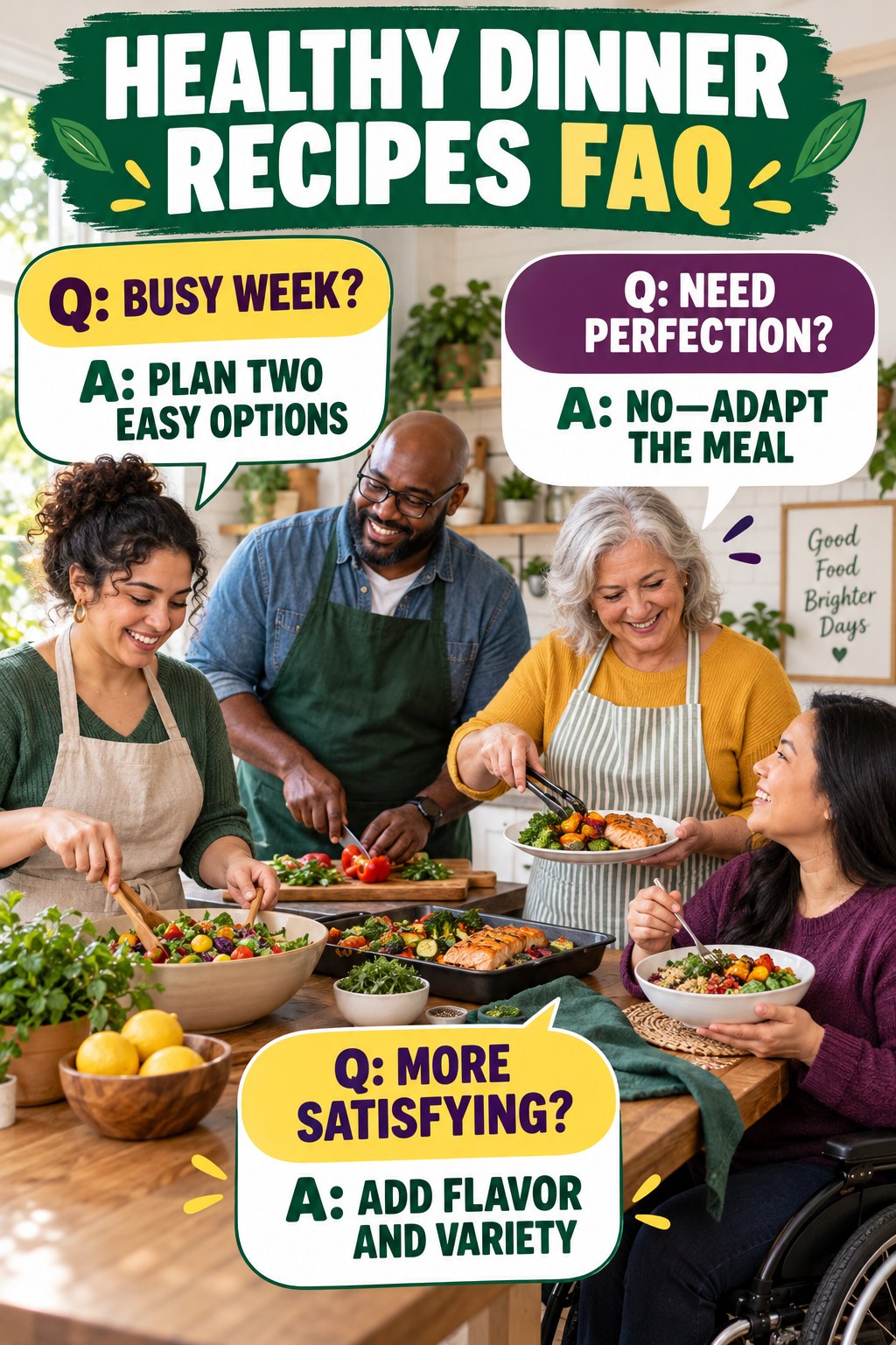 Healthy Dinner Recipes FAQ graphic with three concise questions and practical answers for beginners.