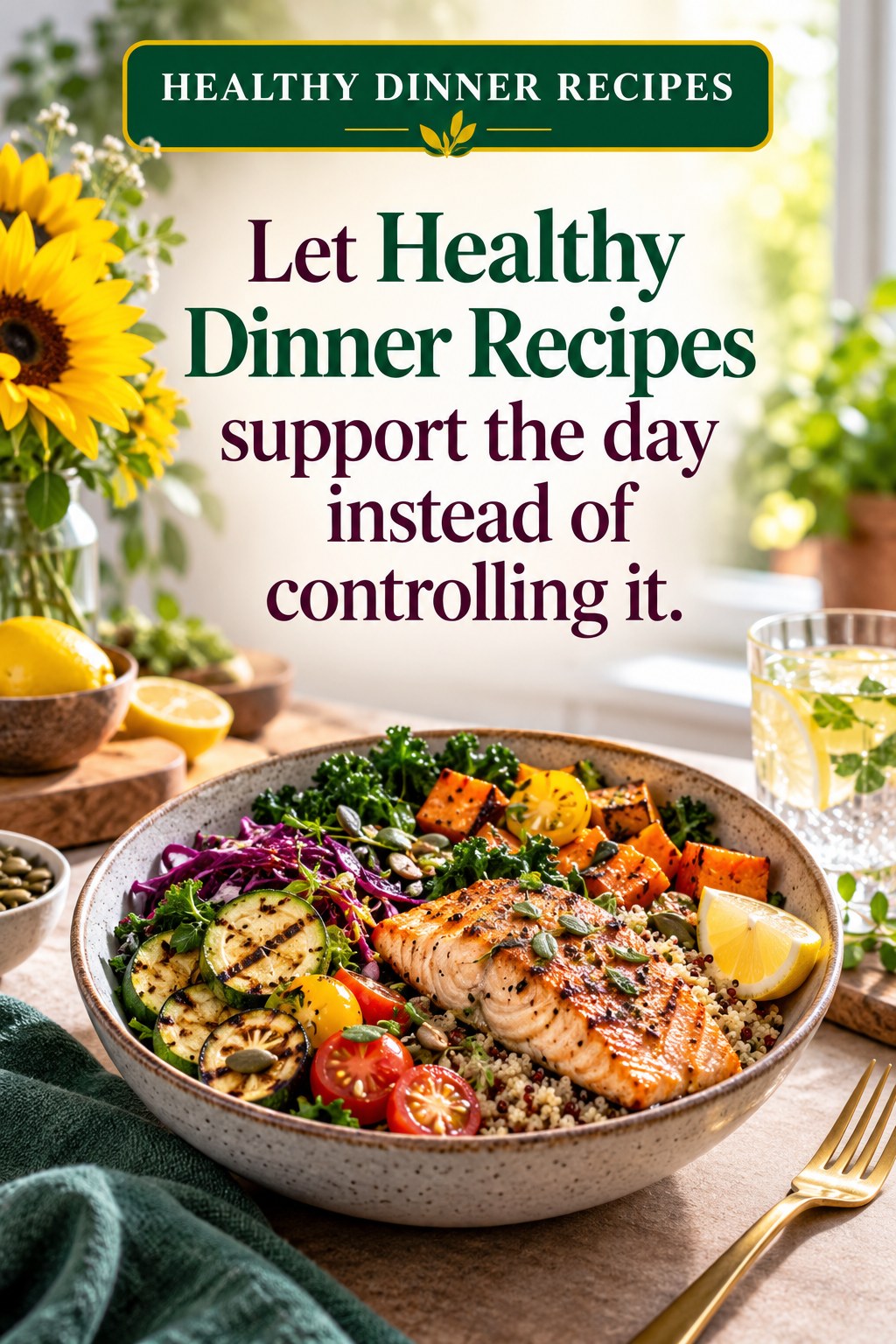 Original Healthy Dinner Recipes quote graphic reading “Let Healthy Dinner Recipes support the day instead of controlling it.” in a board-relevant editorial design.