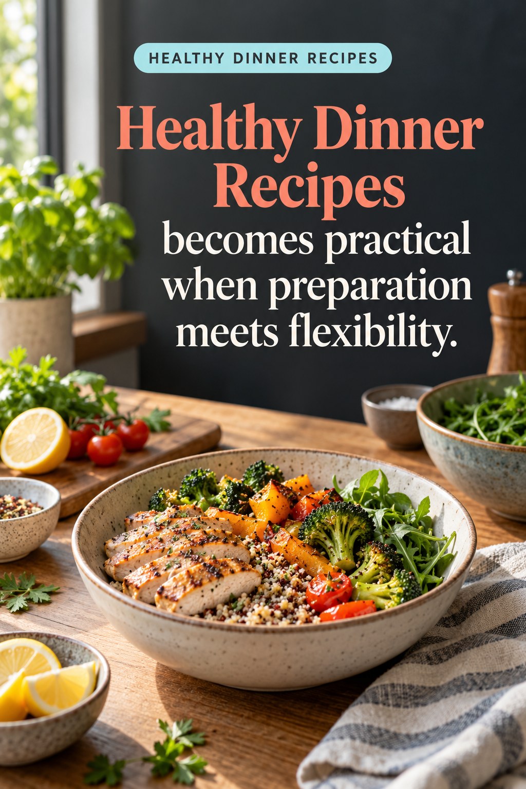 Original Healthy Dinner Recipes quote graphic reading “Healthy Dinner Recipes becomes practical when preparation meets flexibility.” in a board-relevant editorial design.