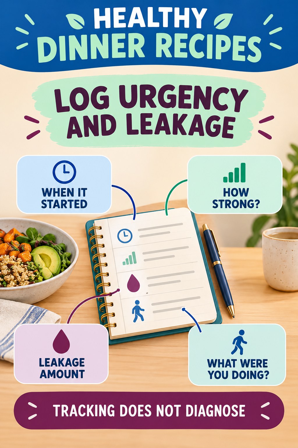 Record Urgency and Leakage Context urinary symptom tracking infographic for Healthy Dinner Recipes with four practical diary points and a non-diagnostic reminder.