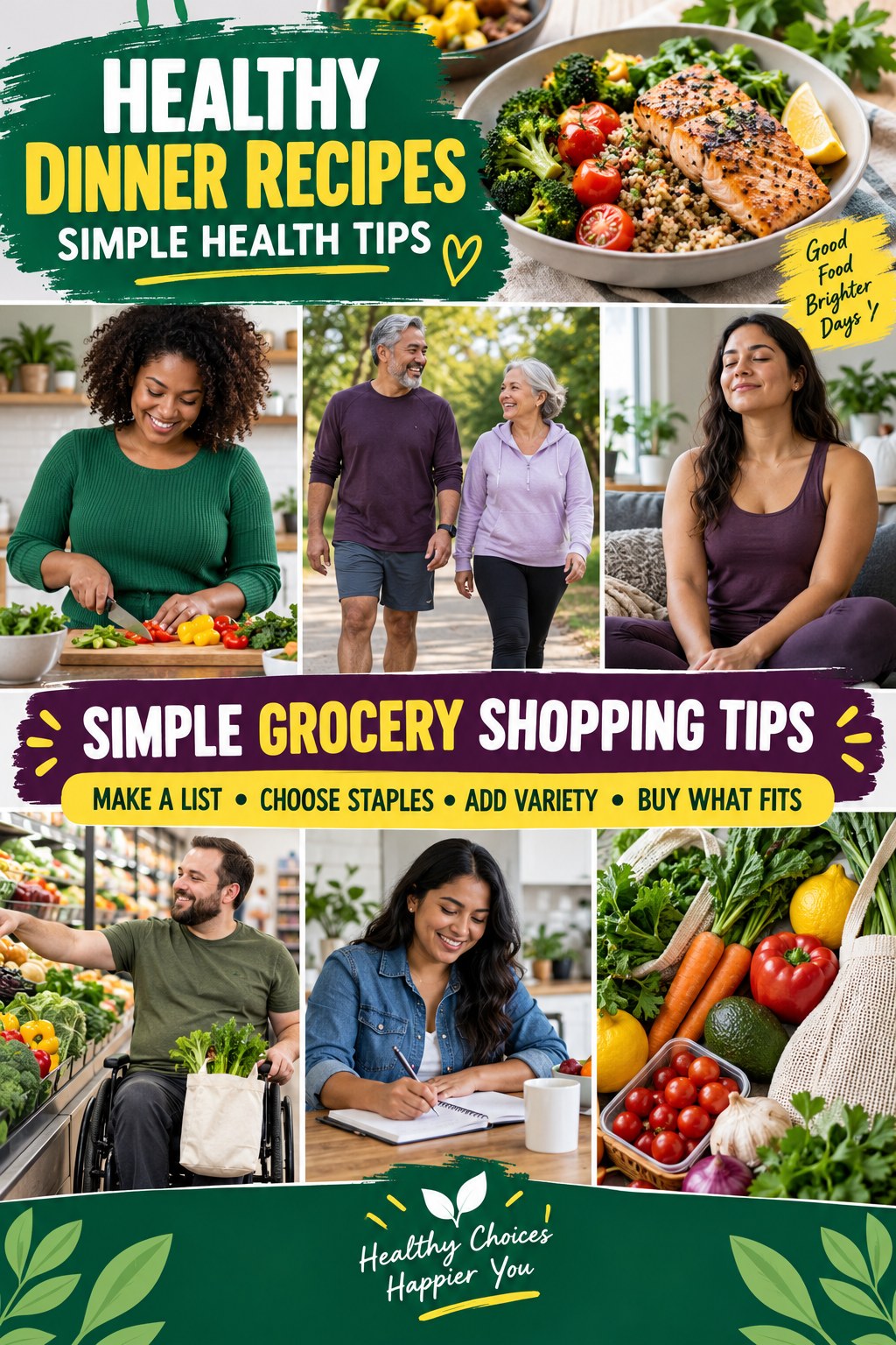 Healthy Dinner Recipes simple-health graphic titled Simple Grocery Shopping Tips with four practical wellness prompts.