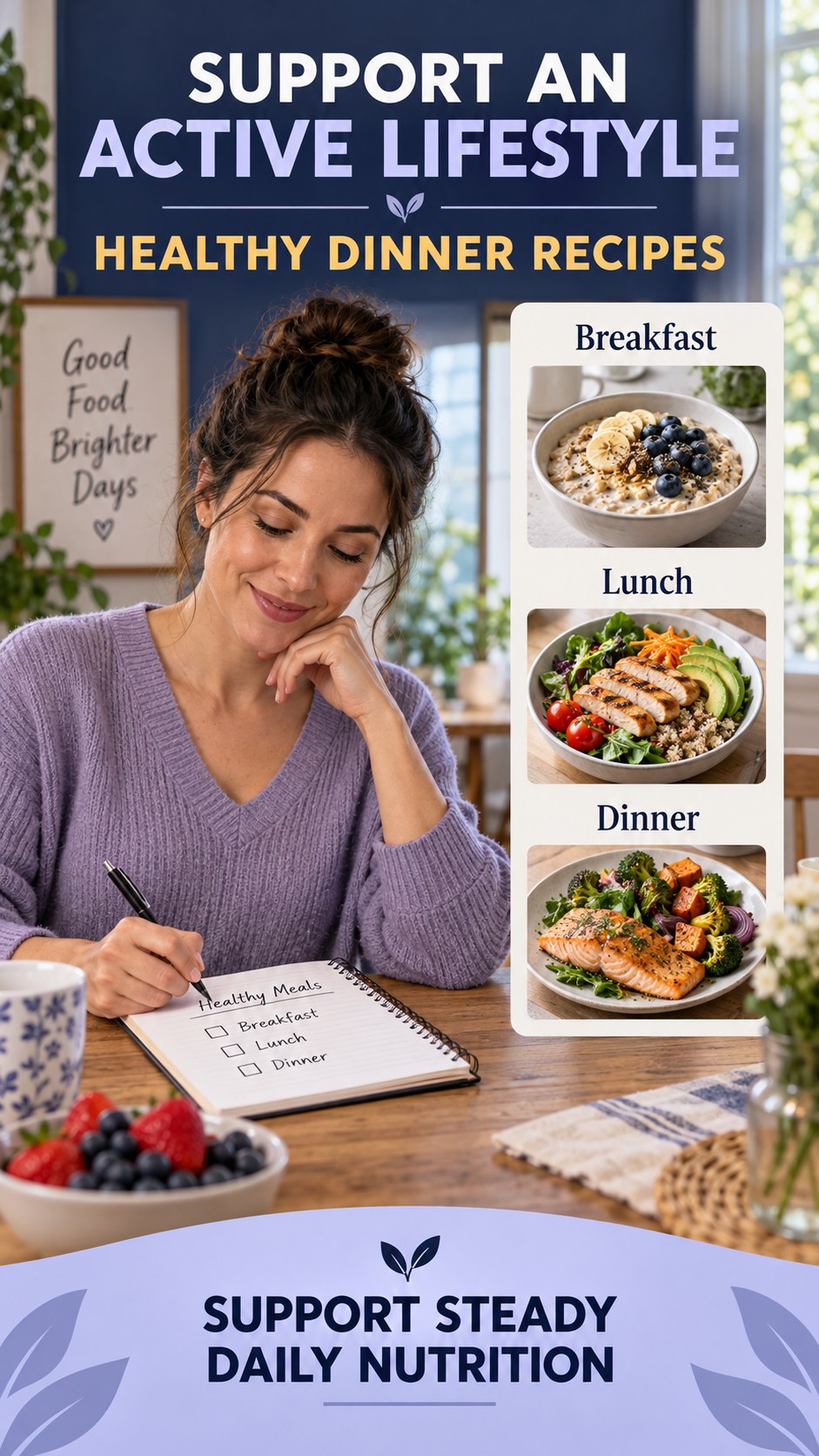Steady Daily Nutrition infographic for Healthy Dinner Recipes, showing practical metabolism-support habits for an active lifestyle.