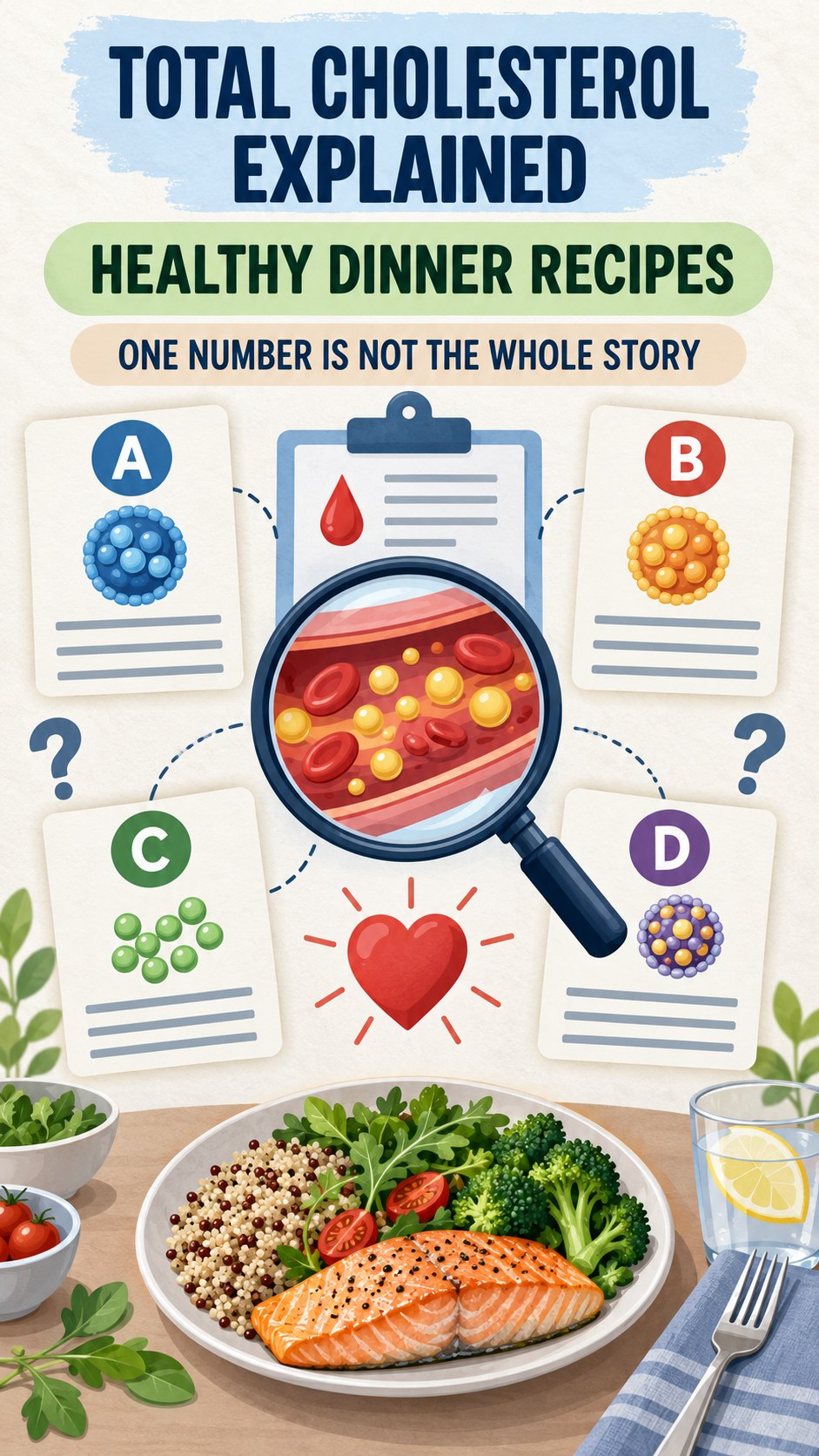 Total Cholesterol Interpretation Guide infographic for Healthy Dinner Recipes, using a non-numerical educational lipid-panel layout with question and context icons.