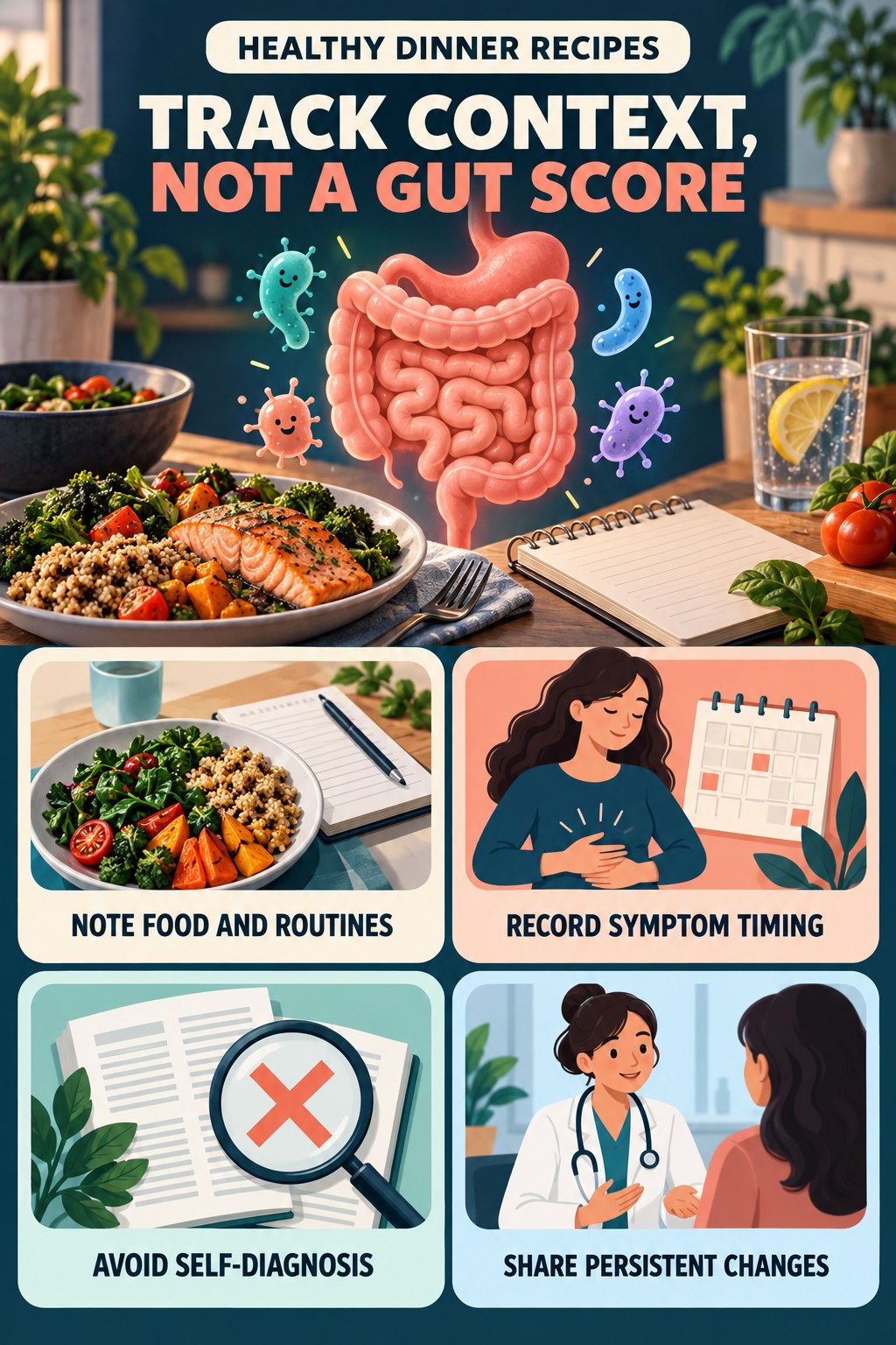 Track Habits and Symptoms, Not a Gut Score educational infographic for Healthy Dinner Recipes with four evidence-aware points.