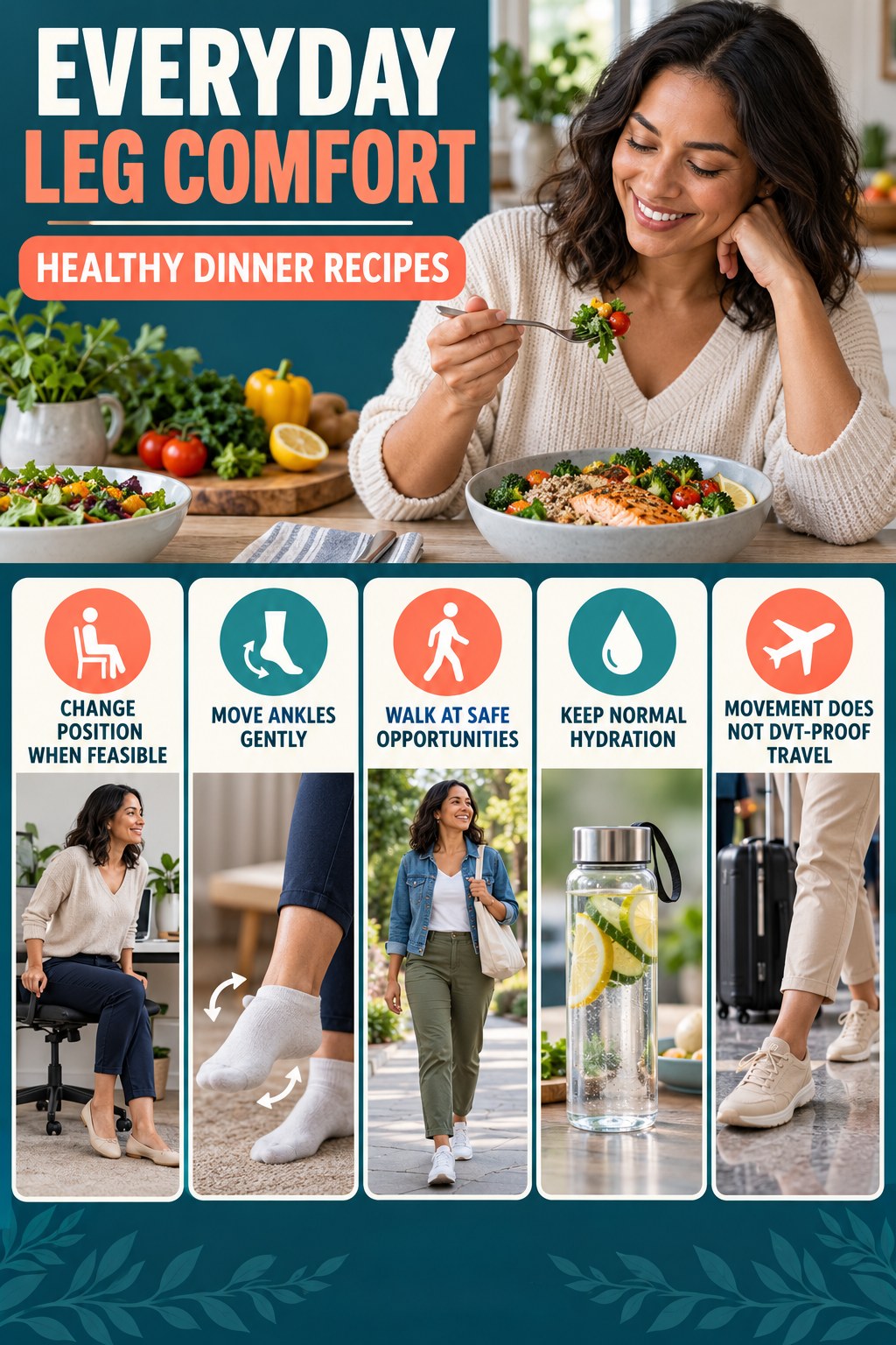 Travel Leg Comfort infographic for Healthy Dinner Recipes with five gentle movement, position, footwear, recovery, or safety actions.