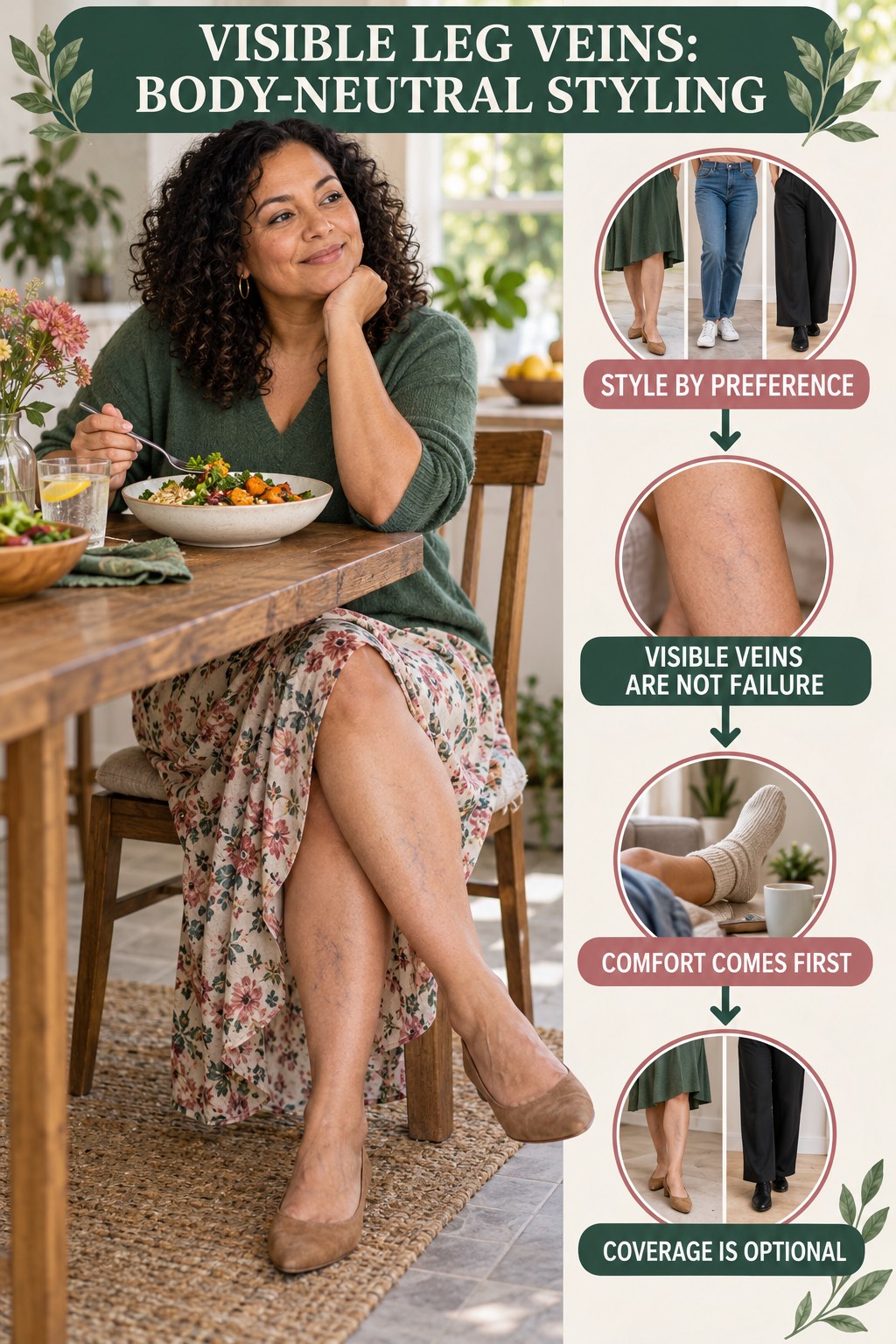 Body-Neutral Styling infographic for Healthy Dinner Recipes, showing body-neutral visible-leg-vein appearance care and the boundary between temporary cosmetic support and treatment.