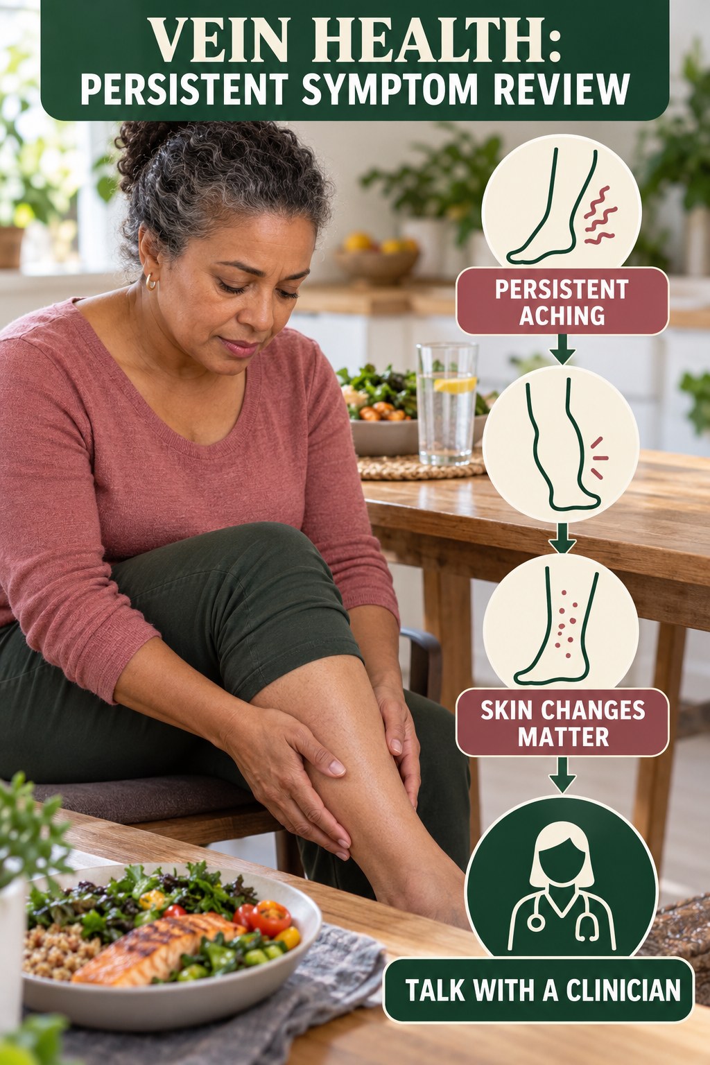 Persistent Symptom Review infographic for Healthy Dinner Recipes, explaining vein-health warning signs and the appropriate next action without diagnosing a condition.